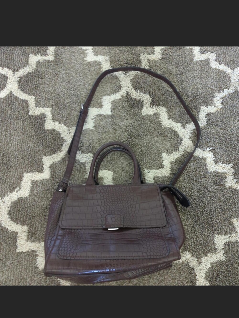 ZARA Classic Croc-Embossed Leather Satchel in Dark Brown